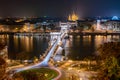 Night aerial view of the famous SzÃÂ©chenyi Chain Bridge with Four Seasons Hotel Gresham Palace Royalty Free Stock Photo