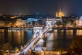 Night aerial view of the famous SzÃÂ©chenyi Chain Bridge with Four Seasons Hotel Gresham Palace Royalty Free Stock Photo