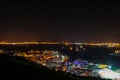 night aerial view of illuminated gibraltar, its airport, la linea de la concepcion town in spain and algeciras bay Royalty Free Stock Photo