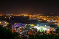 night aerial view of illuminated gibraltar, its airport, la linea de la concepcion town in spain and algeciras bay Royalty Free Stock Photo