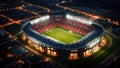 night aerial view of a large football stadium full of lights and celebrations and fireworks Royalty Free Stock Photo
