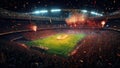 night aerial view of a large football stadium full of lights and celebrations and fireworks Royalty Free Stock Photo