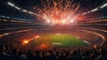 night aerial view of a large football stadium full of lights and celebrations and fireworks Royalty Free Stock Photo