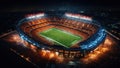 night aerial view of a large football stadium full of lights and celebrations and fireworks Royalty Free Stock Photo