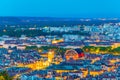 Night aerial view of Lyon dominated by the National opera and town hall, France