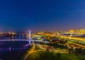 Night aerial view of Omaha Plaza, the landing pad of the Bob Kerrey foot bridge in Omaha Nebraska