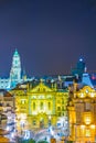 Night aerial view of porto dominated by a town hall tower, Portugal Royalty Free Stock Photo