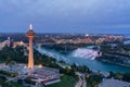 Night aerial view of the Skylon Tower and the beautiful Niagara Falls Royalty Free Stock Photo