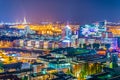 Night aerial view of the Speicherstadt warehouse district and the elbphilharmonie building in Hamburg, Germany Royalty Free Stock Photo