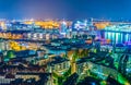 Night aerial view of the Speicherstadt warehouse district and the elbphilharmonie building in Hamburg, Germany Royalty Free Stock Photo