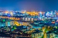 Night aerial view of the Speicherstadt warehouse district and the elbphilharmonie building in Hamburg, Germany Royalty Free Stock Photo