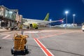 Night airport with many airplanes by the runway.