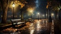 Night alley in autumn city park with benches and light lanterns, wet after rain Royalty Free Stock Photo