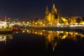 Night Amsterdam canal and Basilica Saint Nicholas Royalty Free Stock Photo