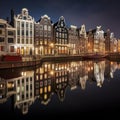 night amsterdam houses reflection in canal Royalty Free Stock Photo
