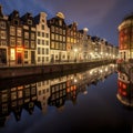 night amsterdam houses reflection in canal Royalty Free Stock Photo