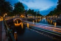 Night In Amsterdam. Lights Trails And Illuminated Bridges On City Canal At Twilight. Holland, Netherlands. Long Exposure