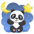 Cute cartoon panda with star and moon balloons. Royalty Free Stock Photo