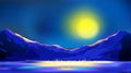 Night art background, twilight mountains landscape in blue tones. Moonlight among peaks reflected in water. Full yellow moon, Royalty Free Stock Photo