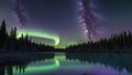 night arura borealis A night scene with a milky way and northern lights over a forest. The sky is a mix of green, purple Royalty Free Stock Photo