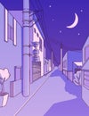 Night asian street in residental area. Peaceful alleyway. Vertical japanese aesthetics illustration, vector landscape