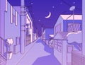 Night asian street in residental area. Peaceful and calm alleyway. Japanese aesthetics illustration, vector landscape
