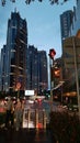 night atmosphere at Sudirman Central Business District or SCBD with tall buildings and colorful lights