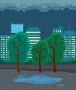 Night autumn city view with strong rain, cold damp weather, raining at evening, scene with trees Royalty Free Stock Photo