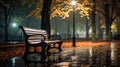 Late Autumn Night in the Rainy Park. Wood Bench and Park Alley