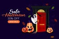 Night background with closed door, ghost, bats, pumpkin lanterns. Vector illustration. Halloween holiday poster, banner Royalty Free Stock Photo