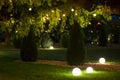 Night backyard with mown lawn and trees festive decorated.