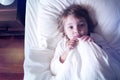 Night bad dream, scared child in bad hiding under blanket.Nightmare.Kid aftraid of darkness Royalty Free Stock Photo