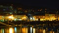 Night in Baiona on the Way of St James. Reflections in the harbour. Royalty Free Stock Photo