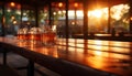 Night bar, wood counter, glass of whiskey, illuminated by sunset generated by AI Royalty Free Stock Photo