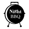 Night bbq. Vector logo. Inscription and icon barbecue. Black and white Illustration on blank background.