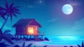 At night, beach bungalow or beach hut on tropical island, summer shack with glow window under full moon starry sky Royalty Free Stock Photo