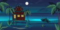 Night beach bungalows. Tropical island resort with swimming lagoon. Summer vacation house with beach and palm trees