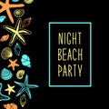 Night beach party poster with different shells and starfishes