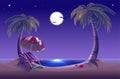 Night beach. Sea, moon, palm trees and sand. Romantic summer vacation Royalty Free Stock Photo