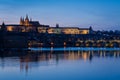 The night begin to fall over the city and the city lights reflect over the Moldava river, Prague, Czech Republic Royalty Free Stock Photo