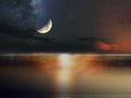 Night big moon on starry sky at pink sunset sea summer sea beach blurre light nature landsc