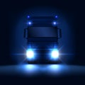 Night big semi truck with bright headlights and dry van semi riding on dark night background front view, vector illustration