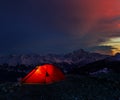 Night bivouac in Mountains, milion star hotel under night sky, r Royalty Free Stock Photo