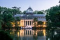 Night blue hour cristal palace in biggest park of madrid capital city