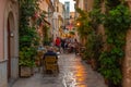 Night or blue hour view of a narrow street in the old town of Alcudia, Mallorca, Spain Royalty Free Stock Photo