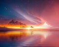 Night blue sky on sunset at sea water reflection gold sun beam and starry sky star fall flares sun down blue pink orange nature