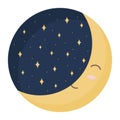 Night blue sky with yellow stars and sleeping moon. Vector illustration for the nursery. Image for poster, greeting card Royalty Free Stock Photo