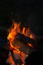 Night bonfire, bright orange flame from burning firewood, vertical photo Royalty Free Stock Photo