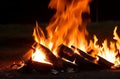 Night Bonfire: Fire Sparks Flying from Campfire into the Dark.