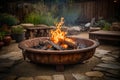 Night bonfire in metal bowl stand flaming sparks and garlands background.